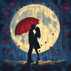 A couple in silhouette shares a romantic moment under a red umbrella, with heart-shaped rain against a full moon on a starry night.