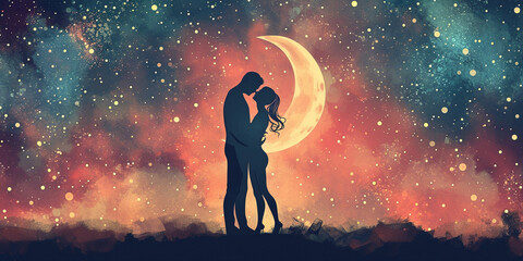 A silhouette of a couple embracing against a cosmic backdrop with a crescent moon, surrounded by a starry sky transitioning from deep blue to fiery orange.