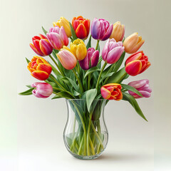Vase full of colorful tulips. Each tulip having a different color and the vase is transparent. Light background