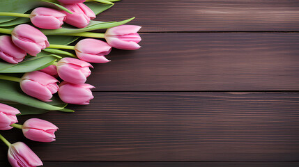  Pink tulips on wooden background with copy space.