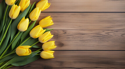  Yellow tulips on wooden background with copy space.