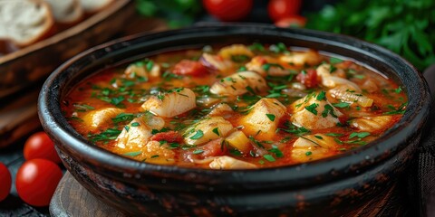 Zupa Rybna Elegance - Culinary Harmony of Fish Soup. Immerse in A Flavorful Tapestry of Seafood and Herbs. Picture the Zupa Rybna Elegance in a Cozy Eastern European Kitchen with Soft Lighting - obrazy, fototapety, plakaty