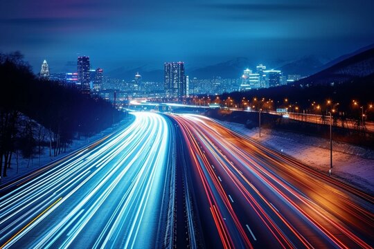 City lights dance Long exposure captures car trails on modern highways