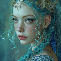 Enigmatic sea queen with turquoise hair adorned with a golden crown, intricate jewelry, and an expression of serene majesty against an aquatic backdrop.
