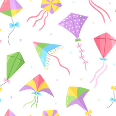 Flying kites seamless pattern. Cute wallpaper for kids with different wind paper toys on white background. Summer outdoor activities or Makar Sankranti celebration theme. Vector cartoon illustration.