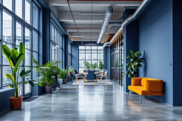 Workspace interior: Bright, inviting office space designed in midnight blue color scheme, reflecting positivity and energy, natural light