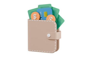 3D Wallet with Credit card, money bank note and coins. Business financial investment.Money saving concept. Online payment.Cash and cashless.minimal Cartoon design icon isolated background.3D Rendering