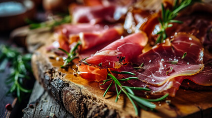 Slices of delicious cured ham and rosemary on a wooden board.