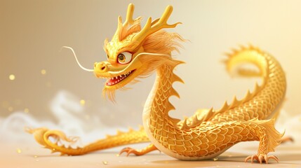 Fototapeta premium An elaborate golden Chinese dragon exudes joy and festivity, a symbol of good fortune and celebration in a golden, shimmering atmosphere