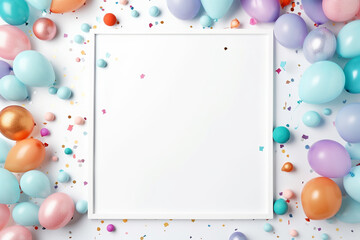 A blank mock up canvas or frame surrounded by colorful balloons and confetti suggests celebration or party invitation - Powered by Adobe