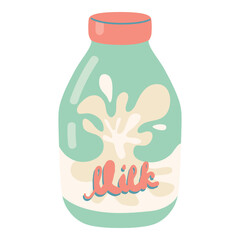 Milk bottle. Little bottle of cow milk or vegan plant-based milk, cashew, soya, oatmeal, almond, or coconut milk. Vector hand drawn cartoon dairy product bottle illustration on white background.