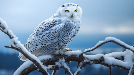 snowy owl perched on a branch, AI Generative.