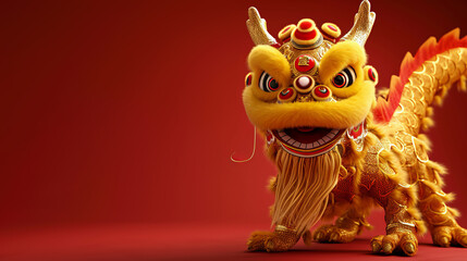 Vivid and ornate Chinese lion dance costume captured in detail, set against a red background