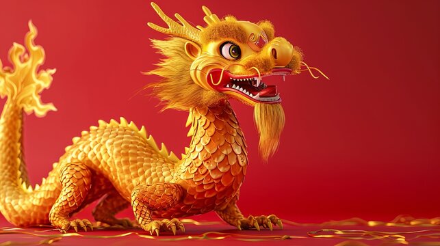 A striking golden dragon statue with intricate details, poised dynamically against a deep red background, embodying traditional Chinese culture