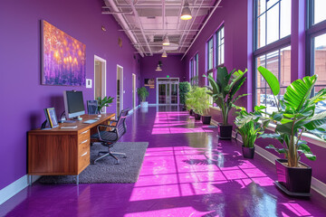 Workspace interior: Bright, inviting office space designed in Purple color scheme, reflecting...