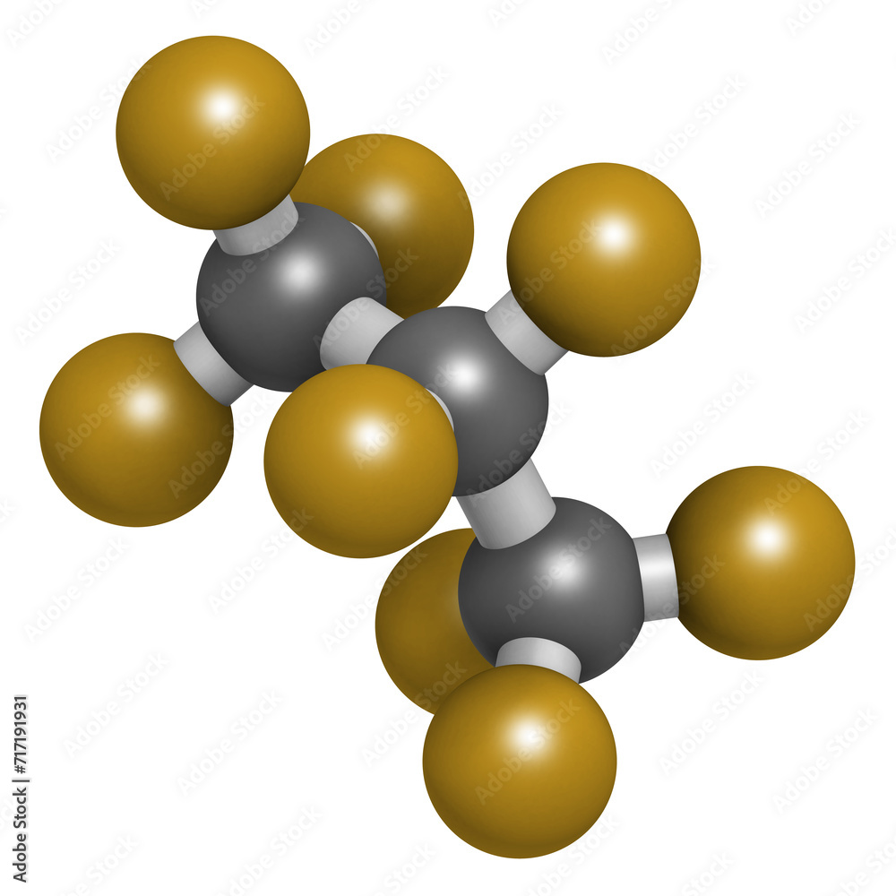 Sticker Octafluoropropane perfluorocarbon molecule. 3D rendering.