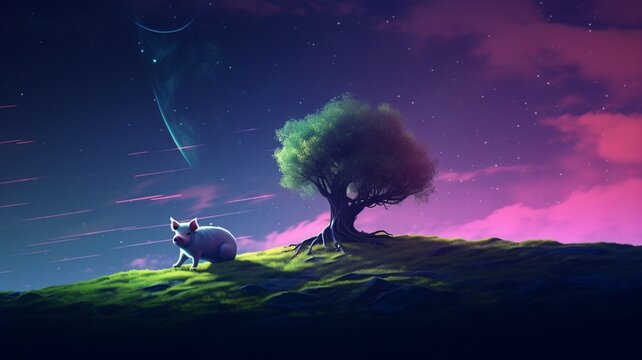 A pig on a hill next to a treeneon illustration Ai generated art