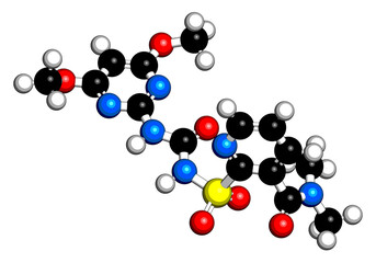 Nicosulfuron systemic herbicide molecule. 3D rendering.