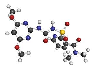 Nicosulfuron systemic herbicide molecule. 3D rendering.