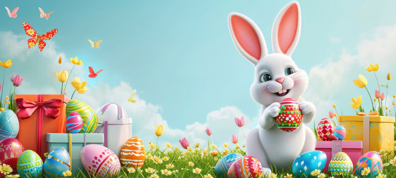 Happy Easter Bunny with Colorful Eggs in Spring Field