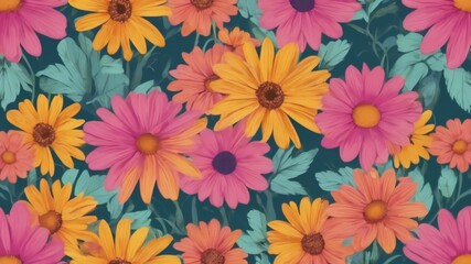 Fototapeta na wymiar Trendy floral seamless pattern illustration. Vintage 70s style hippie flower background design. Colorful pastel color groovy artwork, y2k nature backdrop with daisy flowers.Ai generative