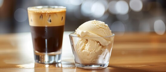 A scoop of vanilla ice cream accompanies an espresso shot on a wooden table.