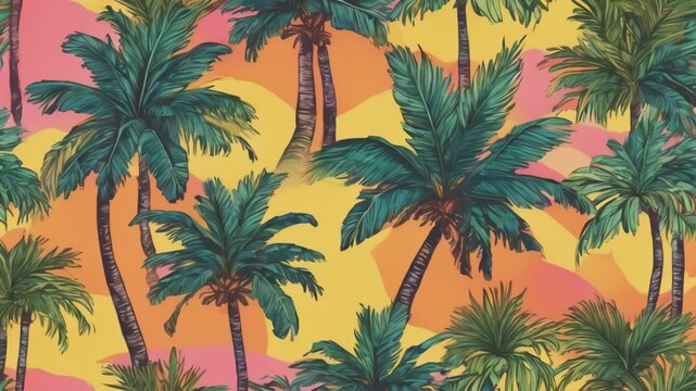 Hand drawn palm tree doodle seamless pattern illustration. Colorful hawaiian print, summer vacation background in vintage art style. Tropical plant painting wallpaper texture.Ai generative