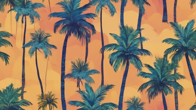 Fototapeta Hand drawn palm tree doodle seamless pattern illustration. Colorful hawaiian print, summer vacation background in vintage art style. Tropical plant painting wallpaper texture.Ai generative