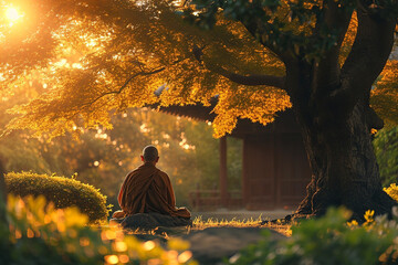 Monk is meditating in nature. Spring time, blooming cherry tree. - obrazy, fototapety, plakaty