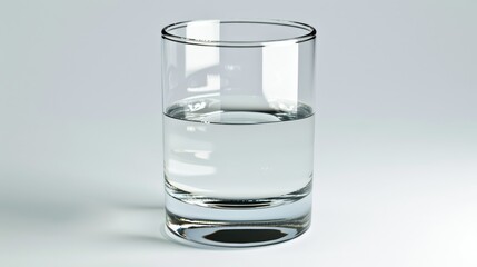 A simple and minimalistic stock image of a half-filled transparent water glass on a white background