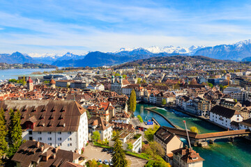 View of the Reuss river and old town of Lucerne (Luzern) city, Switzerland. View from above - obrazy, fototapety, plakaty