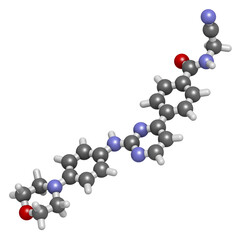 Momelotinib drug molecule. 3D rendering.