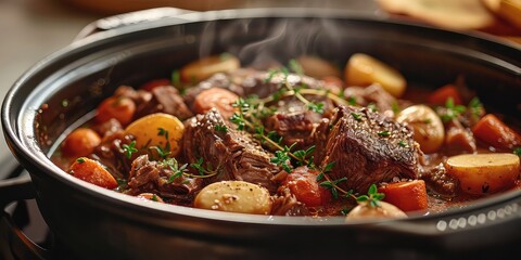 Slow-cooked Perfection. Succulent Layers of Flavor, a Culinary Masterpiece Captured. Immerse in the Slow-cooked Culinary Harmony in a Cozy Kitchen with Soft Lighting