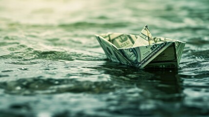A mesmerizing image of a folded paper boat made from dollar bills, floating on serene water. This high-quality stock photo captures the concept of wealth, finance, and creativity