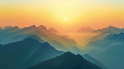 A serene mountain landscape at sunset with vibrant colors, misty atmosphere, and sharp peaks