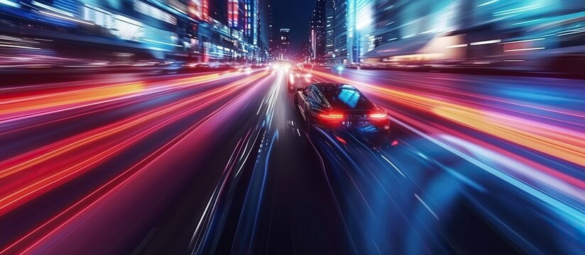 car gameplay on urban roads at night, the car speeds up so it looks blurry © zaen_studio