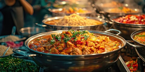 Spicy Elixir Bliss. A Sizzling Symphony of Flavors, Captured in a Visual Feast. Immerse in the Spicy Elixir Culinary Extravaganza in a Lively Bangkok Market with Soft Lighting