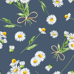 Watercolor seamless pattern with white daisy flowers illustration isolated on white background. Chamomile. Detail of beauty products and botany set, cosmetology and medicine. For designers, 
