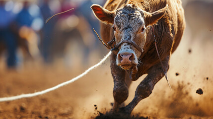 A close-up of a determined rodeo calf roper swiftly lassoing a calf during a roping competition, showcasing the precision and speed required in this traditional rodeo event. - obrazy, fototapety, plakaty