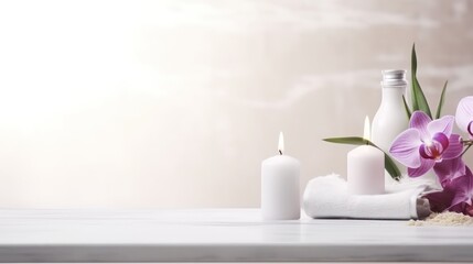 Obraz na płótnie Canvas beautiful setup or orchid flowers and soap bars with candle for cosmetics and face wash natural spa products commercial as wide banner mockup display