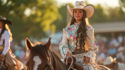 A rodeo queen elegantly participating in the grand entry, riding atop a beautifully adorned horse, embodying grace and poise as she leads the rodeo procession.