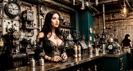 Abstract image of a futuristic bar interior with a female waiter in steampunk style.