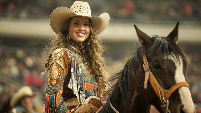 A rodeo queen elegantly participating in the grand entry, riding atop a beautifully adorned horse, embodying grace and poise as she leads the rodeo procession.