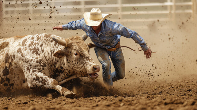 An action-packed scene of a rodeo steer wrestler grappling with a massive steer, showcasing the strength and technique required in the thrilling sport of steer wrestling.