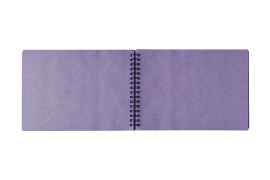 Open spiral bound notepad with two craft purple sheets, isolated on white, transparent background, PNG. Top view, copy space for text, template, mockup