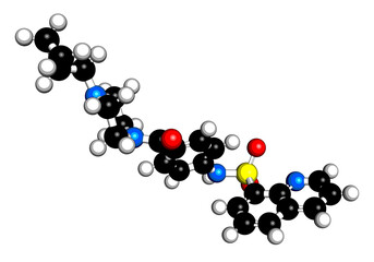 Mitapivat hemolytic anemia drug molecule. 3D rendering.