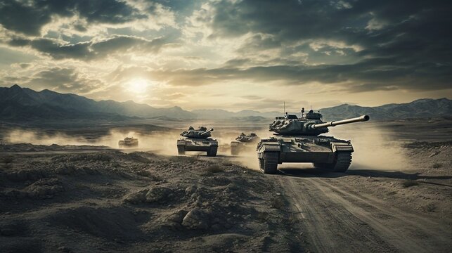tanks driving in desert in war.