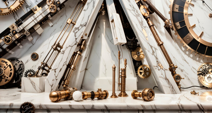 Abstract image of marble and mechanical parts of devices in steampunk style.