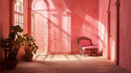 Whimsical Oasis, Blushing Pink Room Adorned With a Tranquil Chair and Refreshing Potted Plants