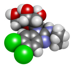 Maribavir antiviral drug molecule. 3D rendering.